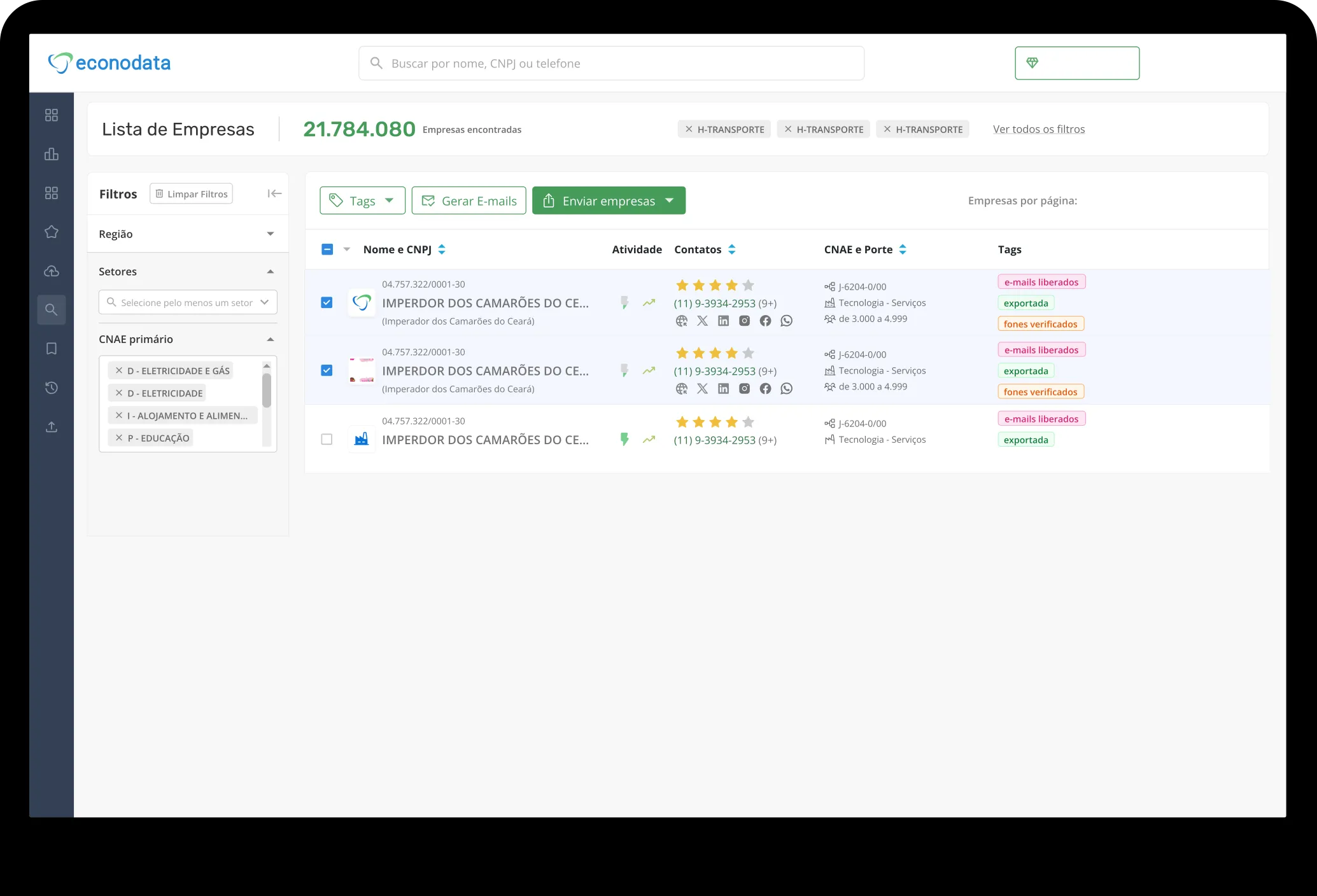 Lista de empresas na Plataforma Premium da Econodata